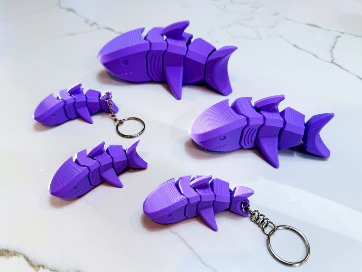 ThreeLittleBirds3D articulated flexi shark keychains in multiple sizes